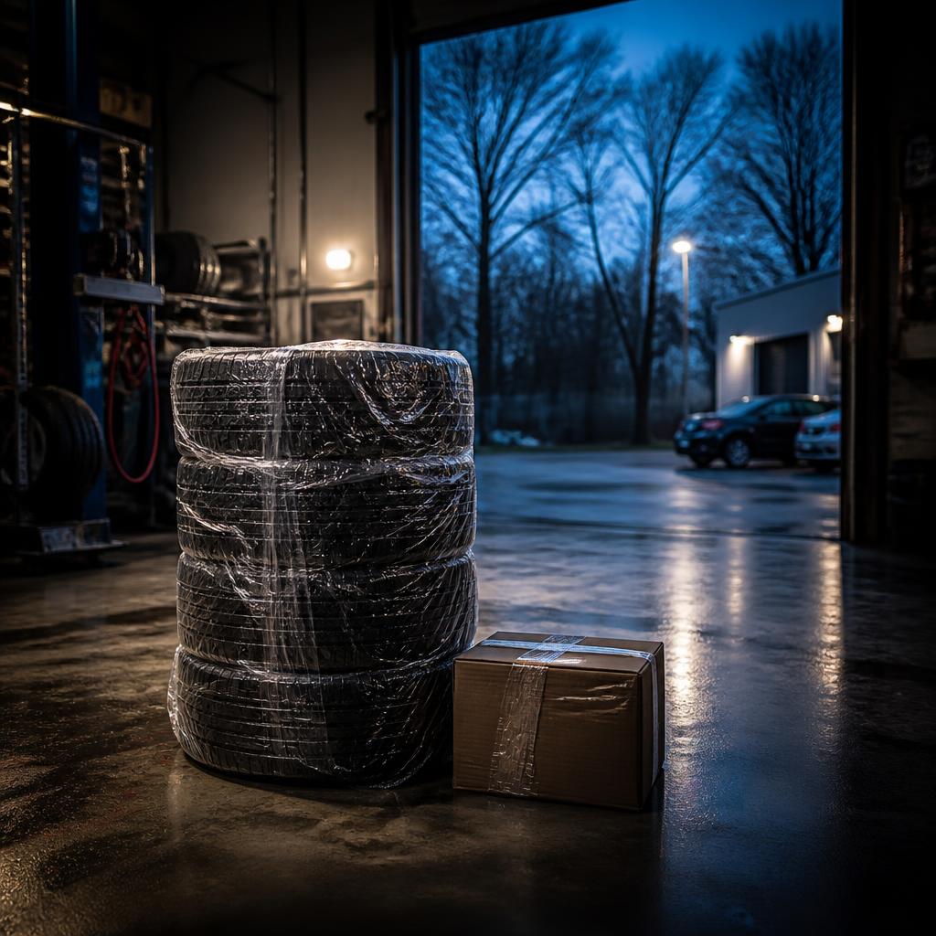 Frisch gelieferte, in Folie verpackte Reifen am Tor der Werkstatt