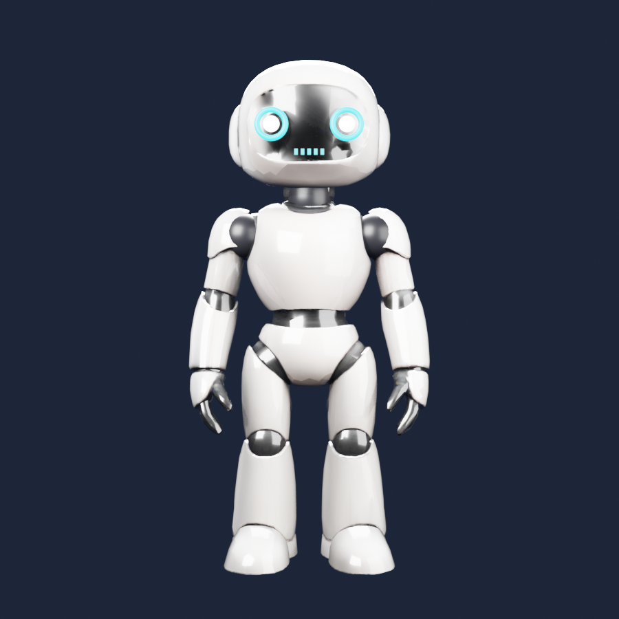 Freundlicher weißer Roboter mit leuchtenden cyanfarbenen Augen